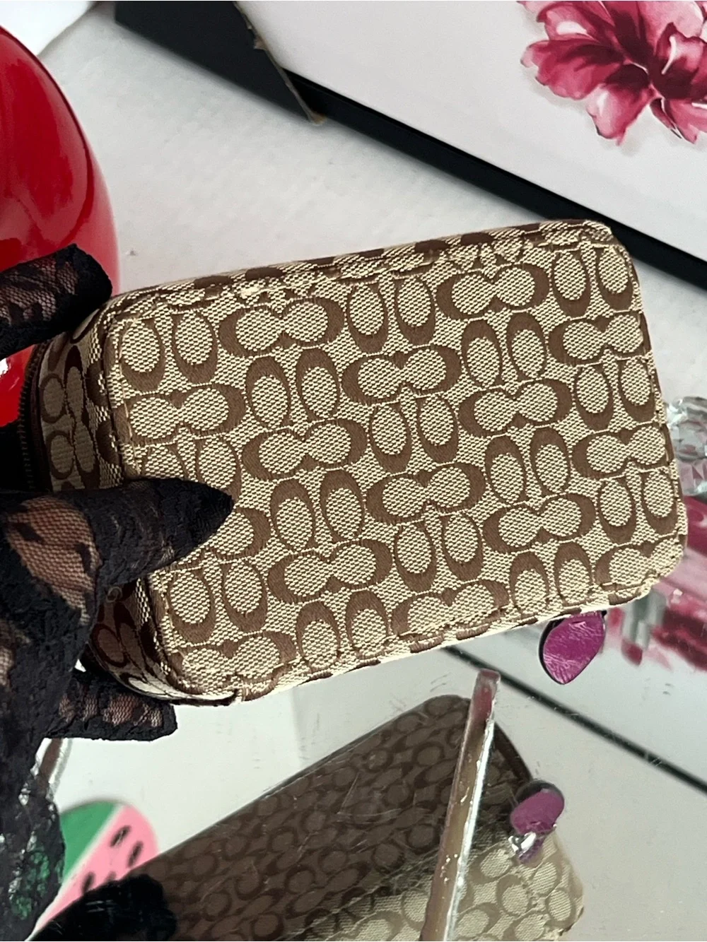 Coach Tan/Brown Signature Case with Pink Pull jewelry box